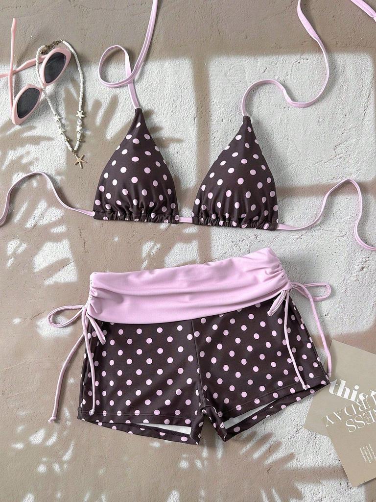 2026 Retro Polka Dot Striped Cross-Strap Bikini with Lace-Up Details
