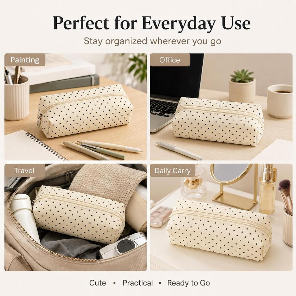 Dot Pencil Case Large Capacity Canvas Zipper Pen Stationery Pouch For Students School Office Makeup Storage Back To School