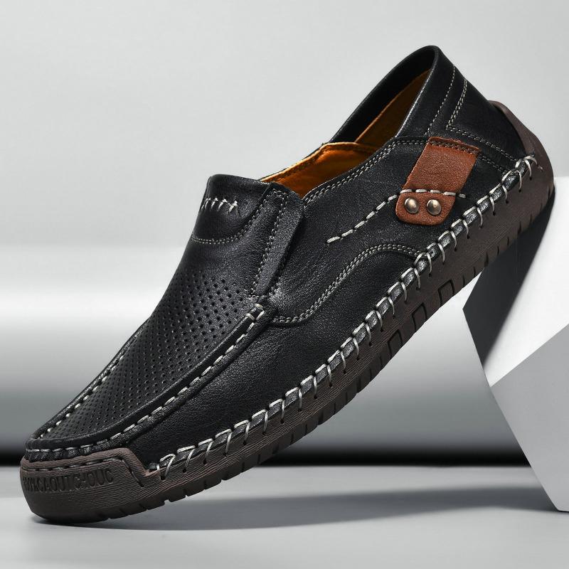 Hand-Stitched Slip-On Leather Loafers | Men Outdoor Casual Flat Low-Cut Shoes Big Sizes