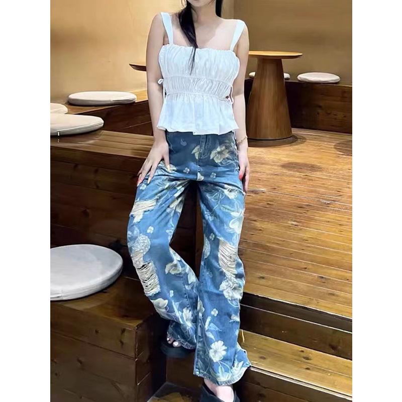 Women's High Waist Retro Print Wide Leg Jeans - Floor-Length, Trendy Loose Fit, Summer Design