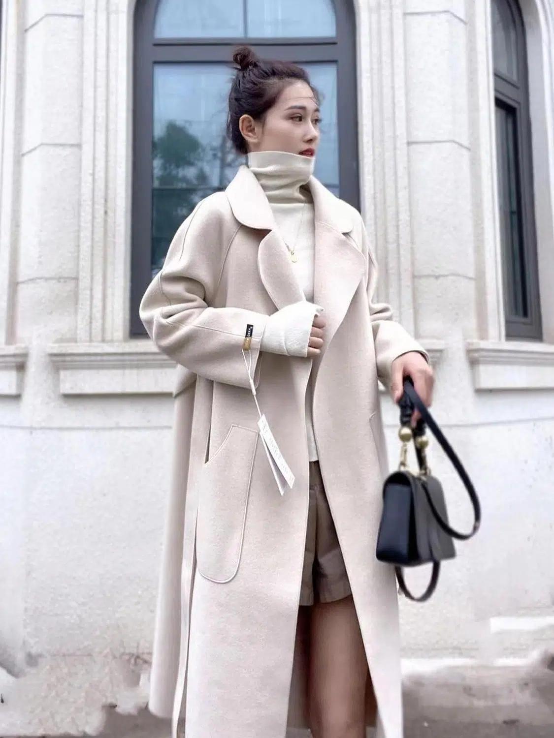 

Двубортное пальто из бархатной шерсти, маленького размера, универсальное, средней длины с лацканами, новый стиль. XL грязно-белый