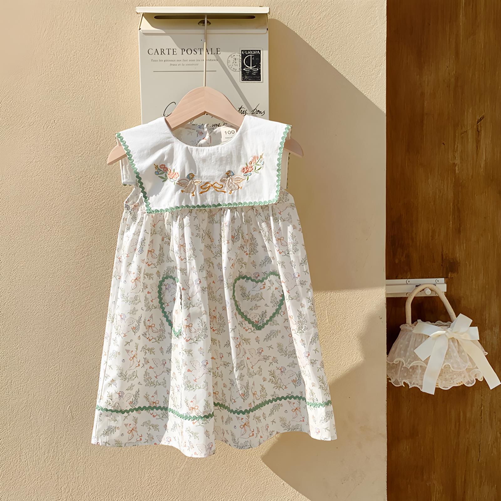 Girls Summer Cotton Embroidered Collar Printed Vest Dress Cute Princess Baby Sleeveless Dress 90cm