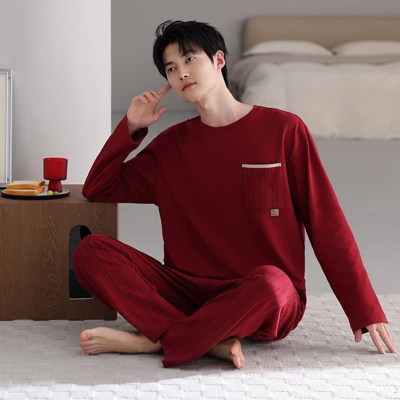 Men's pajamas spring and autumn pure cotton long-sleeved casual loungewear youth men's autumn thin cotton large-size suit