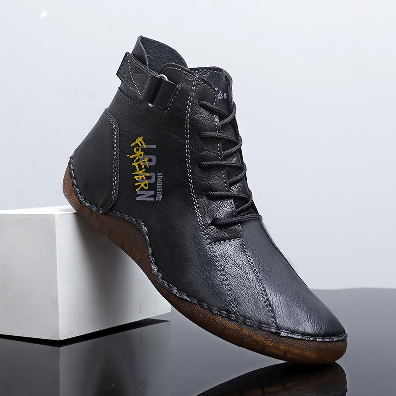 Men Handmade Leather Shoes Casual Hiking Boots Outdoor Black High Top Wide Palm Driving Shoes Large Size