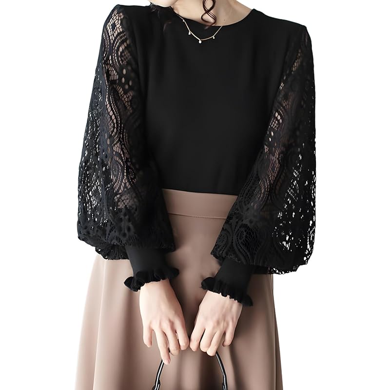 

[Newne] Sleeve lace puff sleeves tops knit Translucency long sleeve Beautiful Elegant formal pullover spring autumn stretch cute Loose South Korea