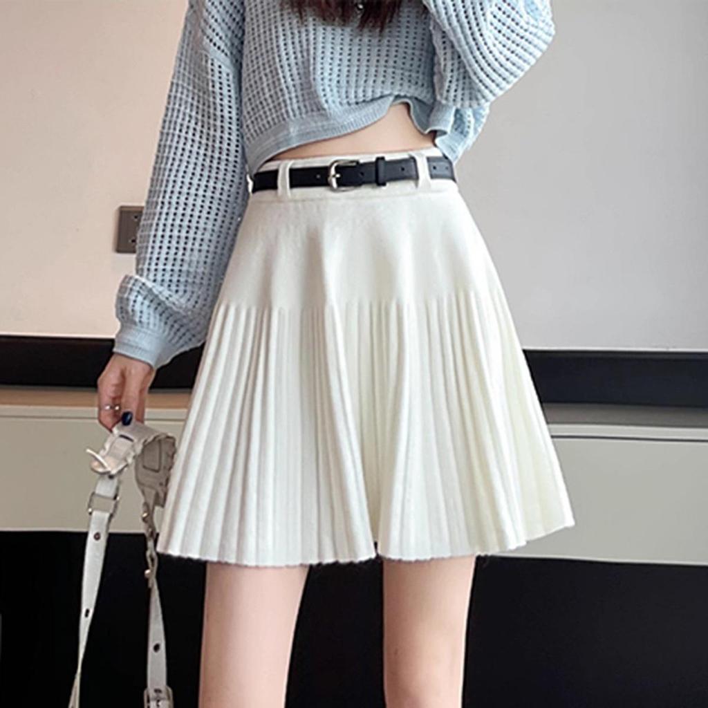 Women's Petite High Waist Knitted A-line Pleated Umbrella Skirt for Autumn and Winter