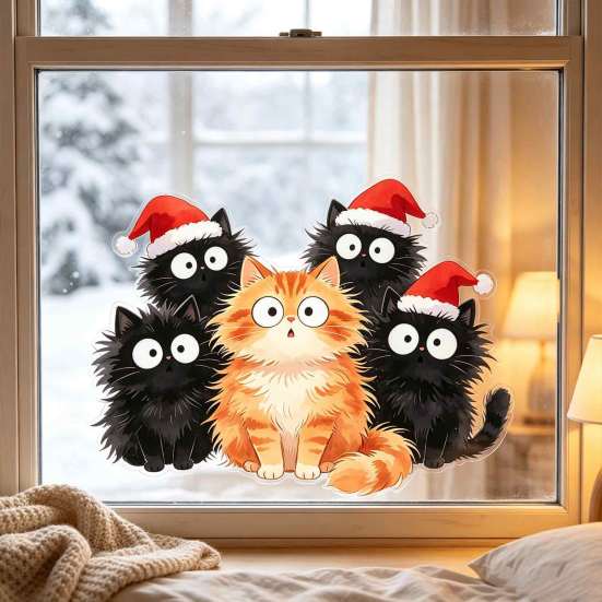 DIY Christmas Scene Window Decals Cling, Cartoon Cats Sticker with Santa Hat, Removable Cute Holiday Decorations PVC Static Glass Decal for