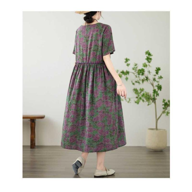 Women's Printed Cotton and Linen Short Sleeved Dress, Loose Retro Long Skirt, Summer