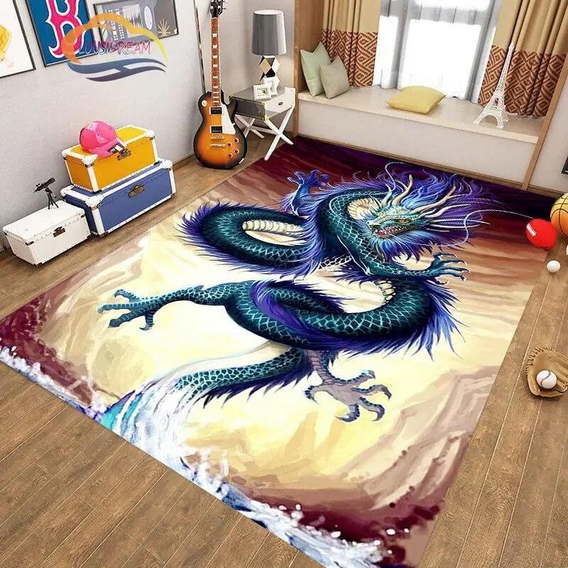 Kinesisk Drage Teppe 3D Trykk Dyr Tegneserie Mytisk drage Områdeteppe Stue Lekematte Gang Entrédør Dekor