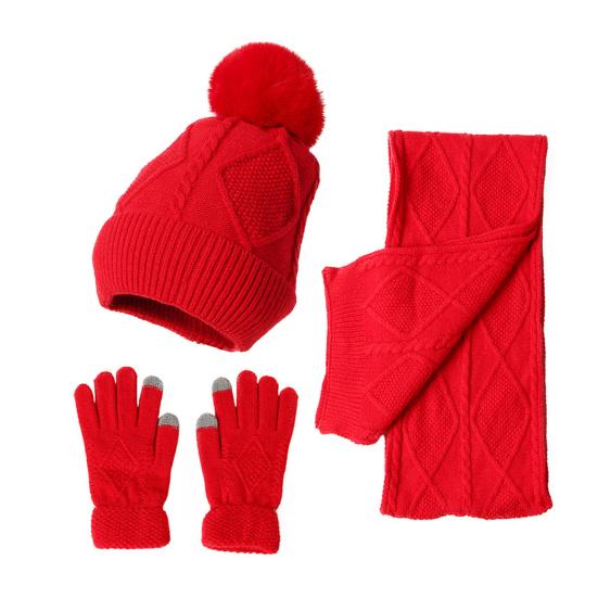 3Pcs/Set Women Winter Hat Scarf Gloves Set Plush Ball Decor Rhombus Texture Knitting Hat