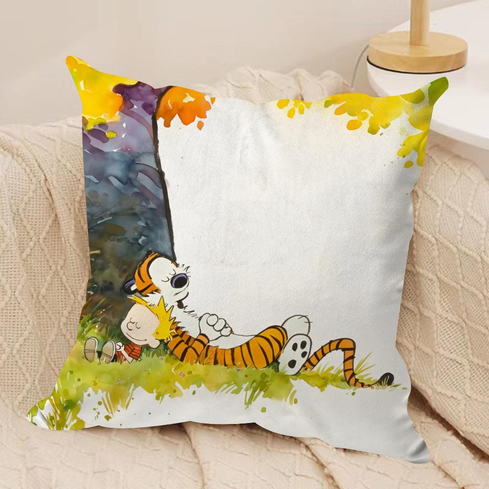 Cartoon CCalvin Hobbes Cute Cushion Cover Silky Short Plush Invisible Zipper Dustproof Sofa Pillow Case For Home Decor