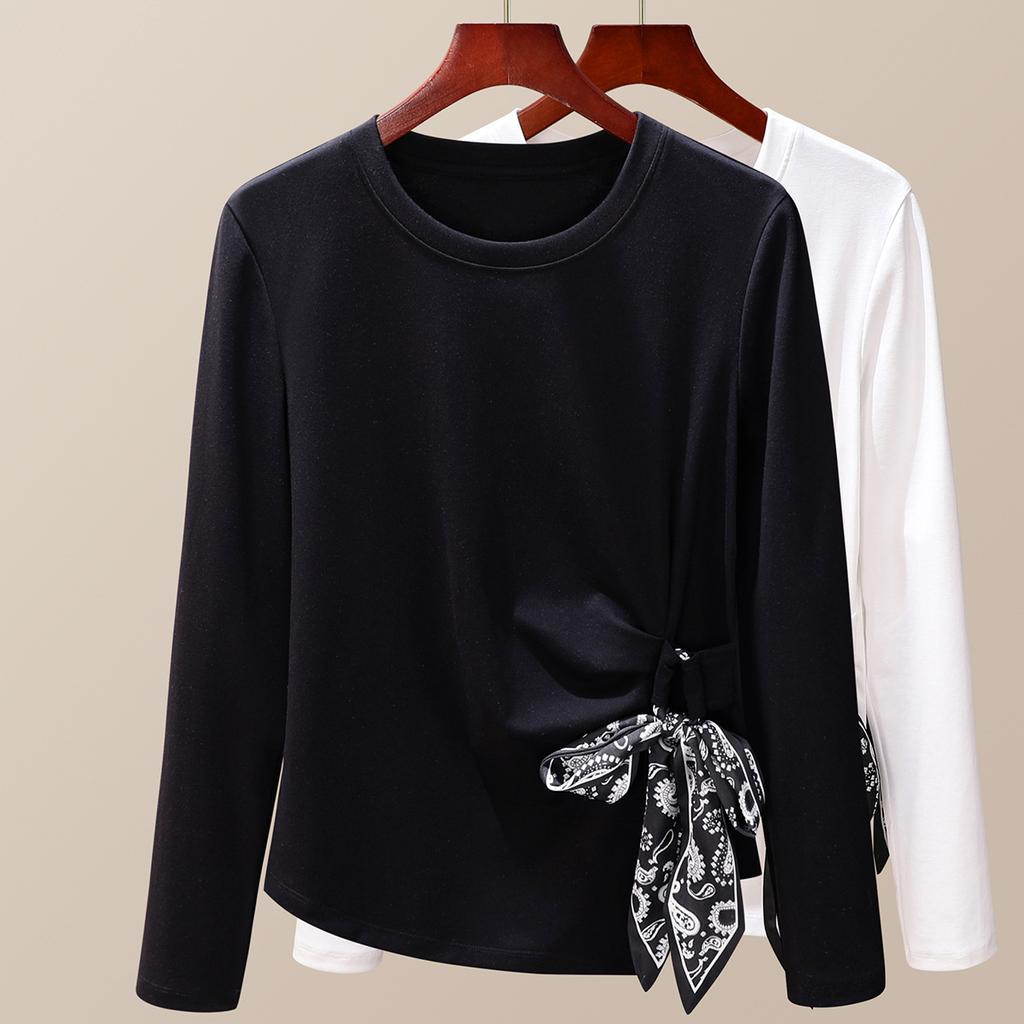 White long-sleeved women's new early autumn irregular high-end feeling huge good-looking design silk scarf top