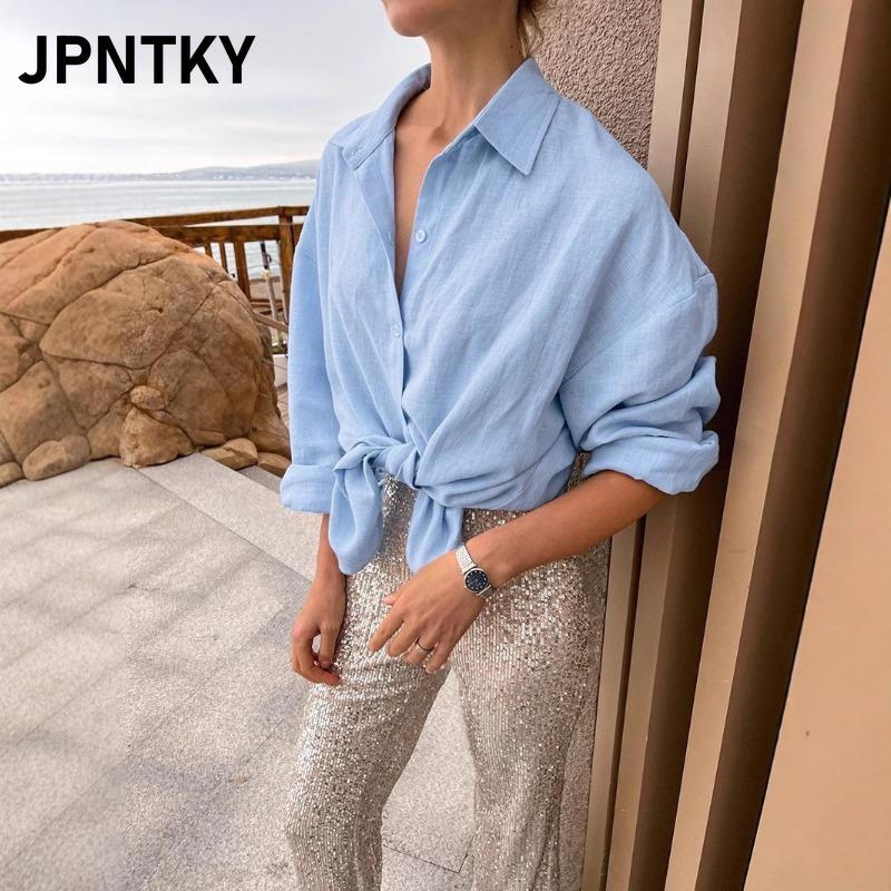 JPNTKY Women's Fashion Casual Solid Color Print Long Sleeve POLO Neck Blouses & Shirts