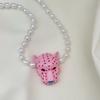 Retro Enamel Leopard Head Pendant Imitation Pearl Necklace Fashion Trendy Neckchain Women Trendy Personalized Jewelry Accessorie
