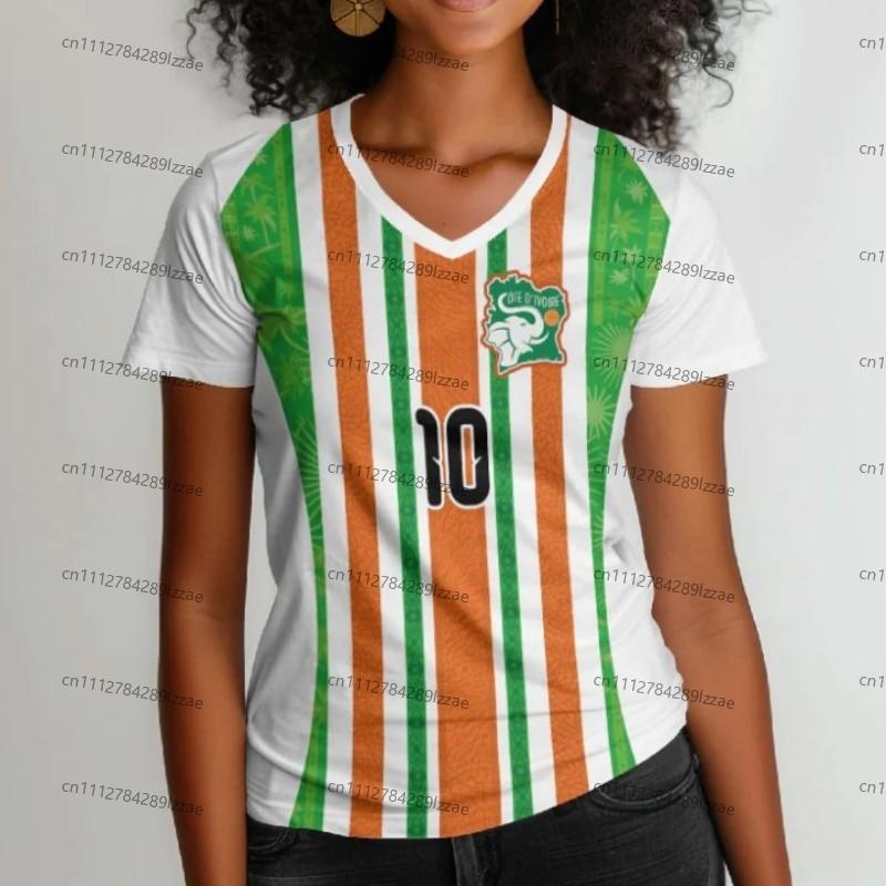 Women s Ivory Coast Football Jersey V-Neck Tee African Elephant Graphic Design Casual Breathable Sportswear Summer World Cup Fan 4XL