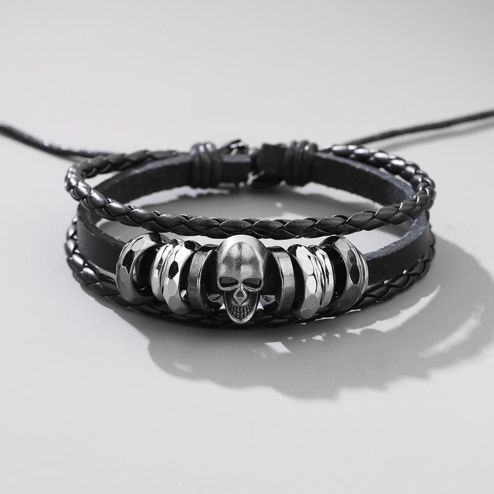 

Vintage Punk Skull Leather Bracelet Metal Woven Rope Cowhide Wristband Trendy Men Accessories 1