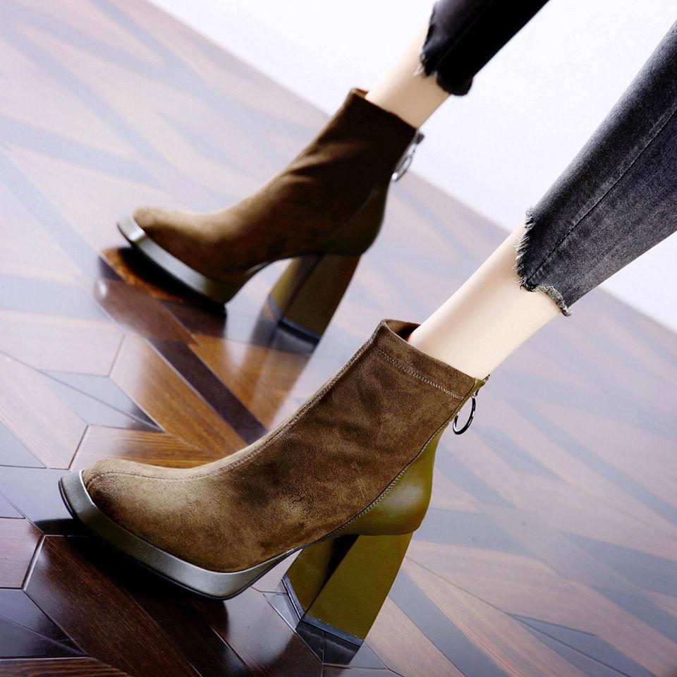 Suede Matte Square Head High-heeled Boots Women's Martin Boots 2025 Autumn and Winter New Waterproof Platform Thick-soled Heightened Thick-heeled