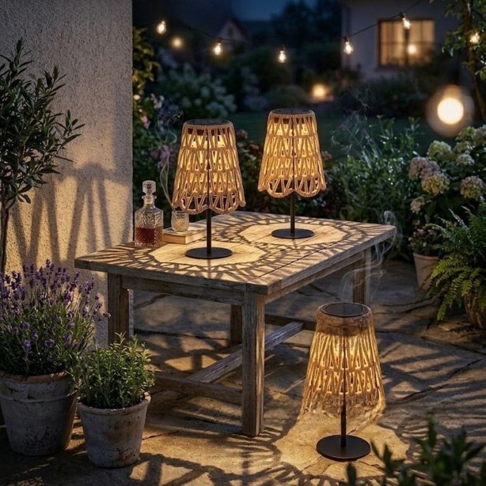 Metal Frame Solar Table Lamp Imitation Rattan Decorative Lantern Floor lamp with skirt Patio