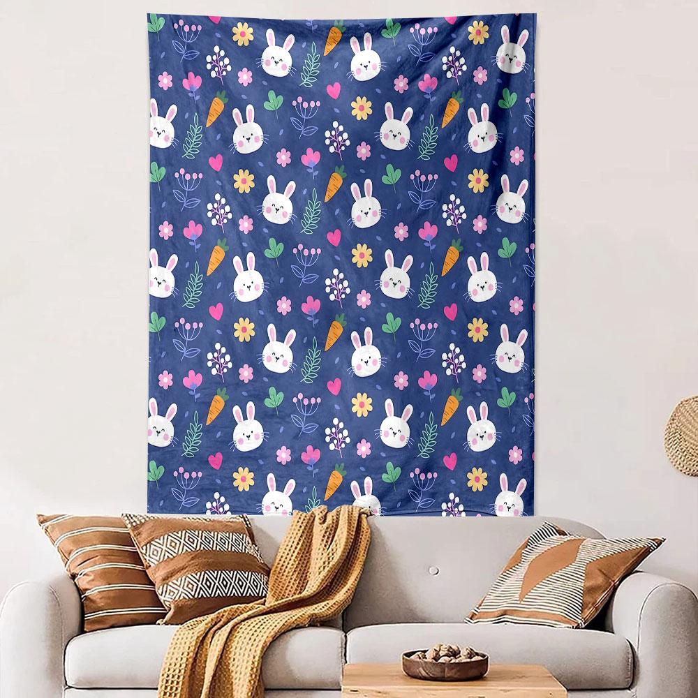 Cute Bunny and Carrot Floral Pattern Patterned Tapestry Decorative Wall Hanging, Home Bedroom Living Room Decor