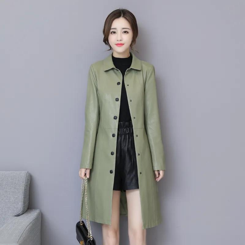 Podzimní a zimní dámský středně dlouhý úzký trenčkot z pravé kůže a zesílený bavlnou