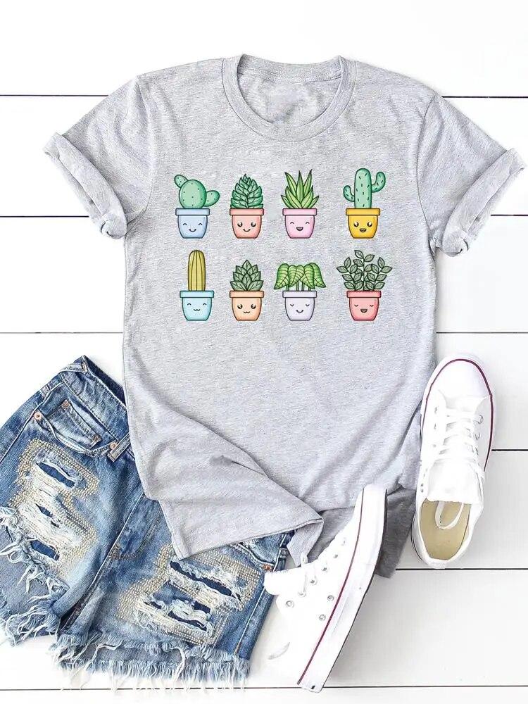 Print T-shirts Clothing Women 90s Sweet Lovely Cactus Trend T Clothes Short Sleeve Ladies Casual Fashion Female Graphic Tee