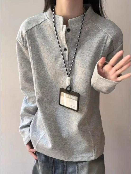 Unisex Henry Collar Semi-High Neck Fleece Sweatshirt - Heavyweight American Cleanfit, Perfect for Autumn/Winter