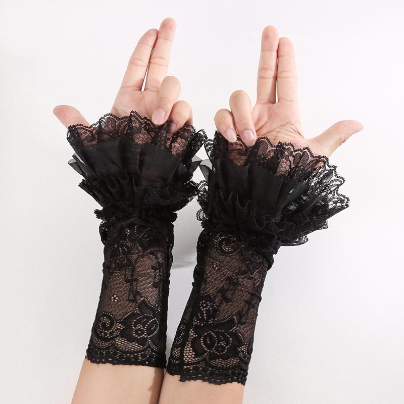 Elastic Fingerless Gloves Muti-Layer Lace Long Arm Fake Sleeves Sweater Decorative Horn Cuffs Girls Clothing Accessories