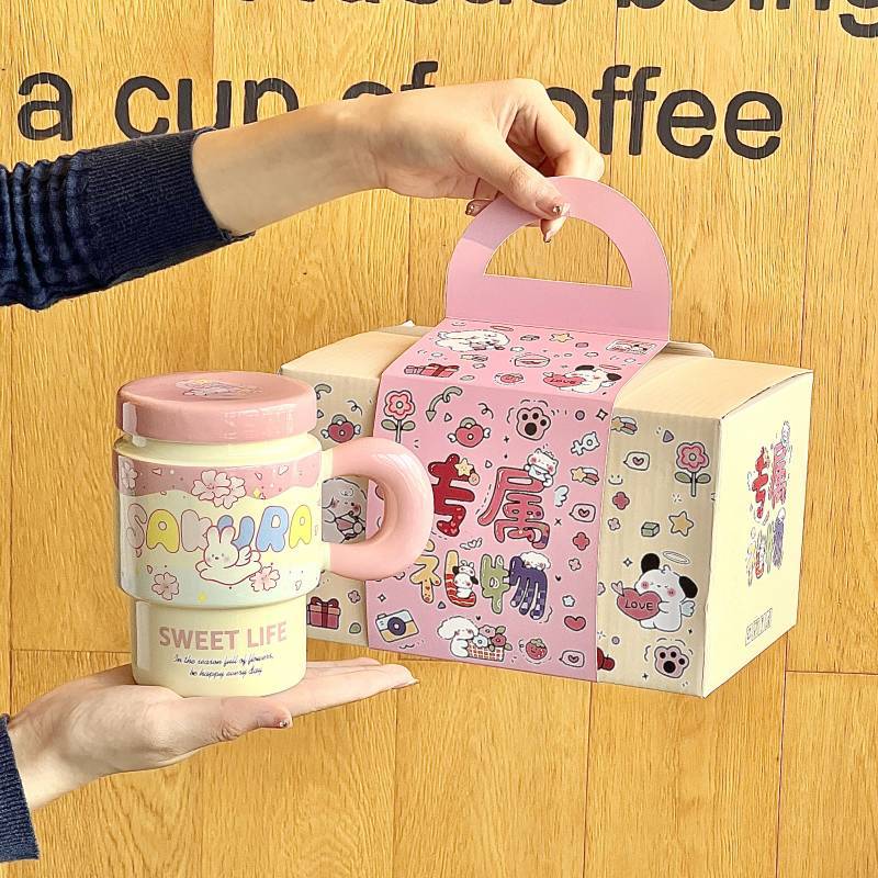 Cute Girl Cherry Blossom Rabbit Cup High-looking Ceramic Mug with Lid Spoon Office Breakfast Coffee Cup