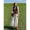 2025 Beige Women's Two-Piece Set: Retro Merlot Vest & Long Dress for Spring/Autumn Holidays
