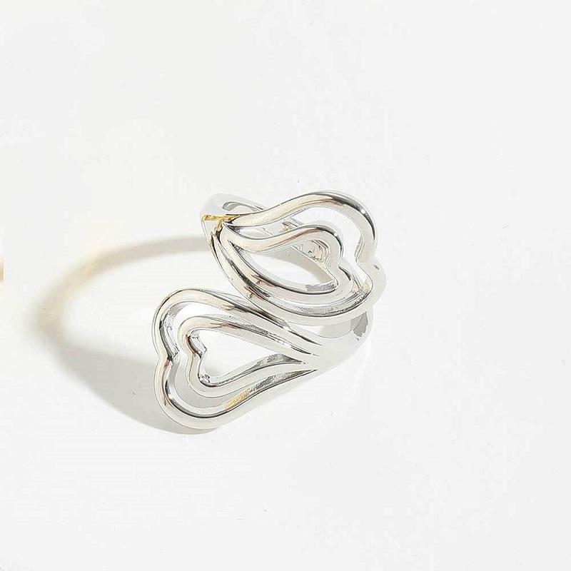 Stainless Steel Double Heart-shaped Open Rings For Men Women Simple Metal Hollow Irregular Line Ring Waterproof Zircon Gifts