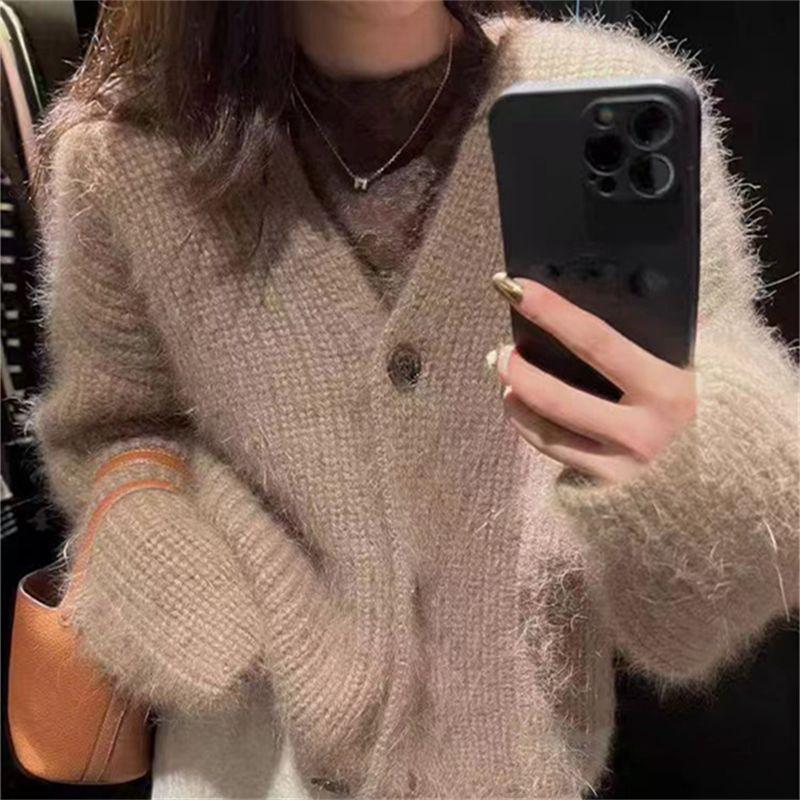 Women's Japanese Soft Vibe Faux Mink Knit Cardigan V-Neck Long-Sleeve Sweater Jacket Office Casual Short Outer Top