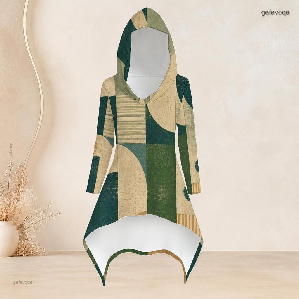Women Plus Size Two Piece Set Hooded Long Sleeve Geometric Printed High Low Top Fitted Pants