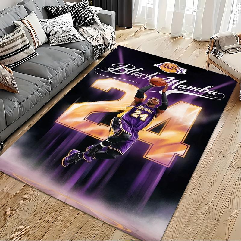 Sports Area Rug, Kobe Bryant Lakers Number 24 Black Mamba Purple Gold Shoot Spotlight Print, Fan Decor, Non-Slip Mat