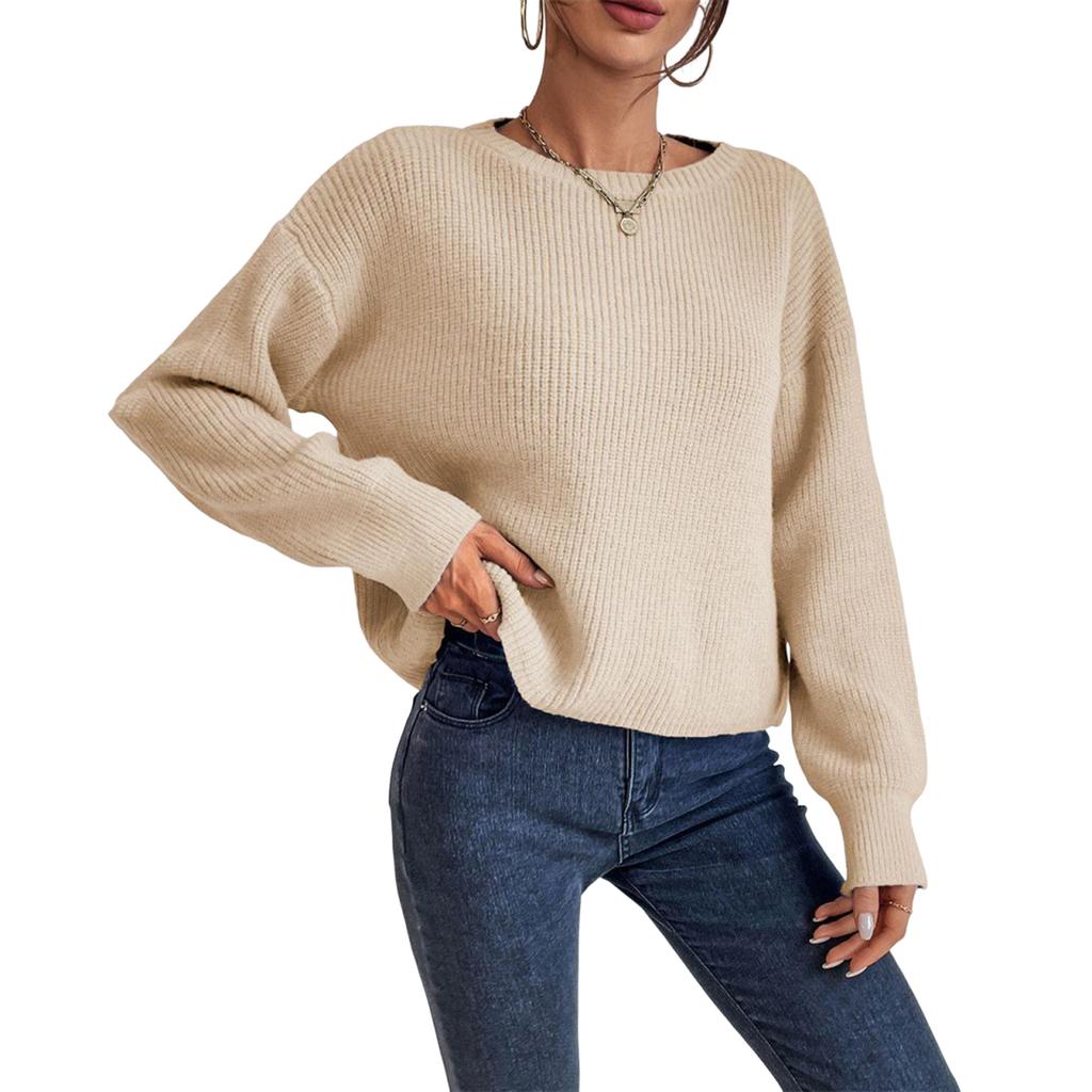 Women's Fashion Casual Crewed Neck Pullover Long-Sleeve Bolded Knit Sweater Top