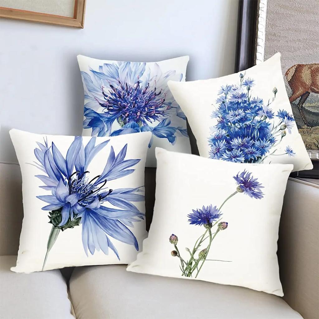 Modern Blue Watercolor Flower Linen Pillowcase Sofa Cushion Cover Home Decoration Can Be Customized for You 40x40 50x50 45x45
