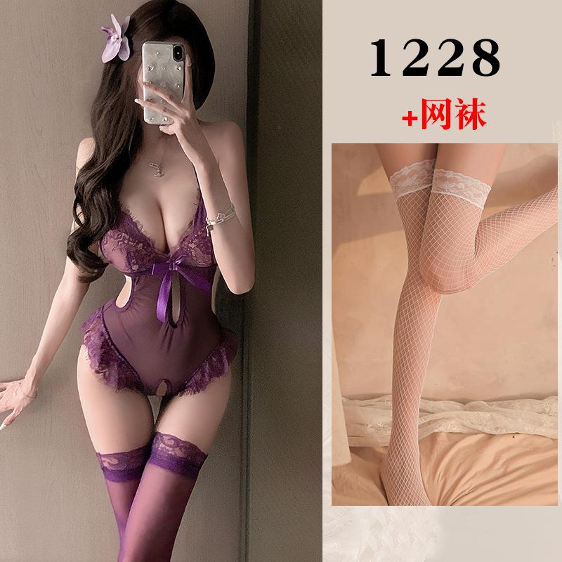 Sex underwear women's pure desire uniform lace suspender mesh nightdress open gear temptation purple sex suit