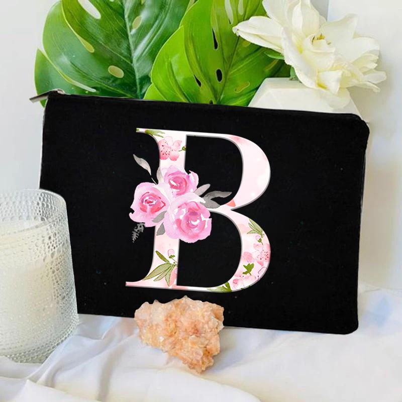 Damen Tasche Make-up Tasche Brautjungfer Make-up Taschen Blumen Alphabet Druck Leinen Reißverschluss Tasche Reise Organizer Etui Mujer Bolsas Kosmetik
