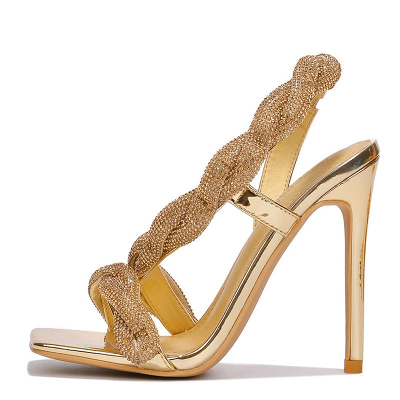 Runway Style Glitter Rhinestones Women Wedding Banquet Shoes Square Toe Club Stripper Heels Crystal Back Strap Gold Sandal