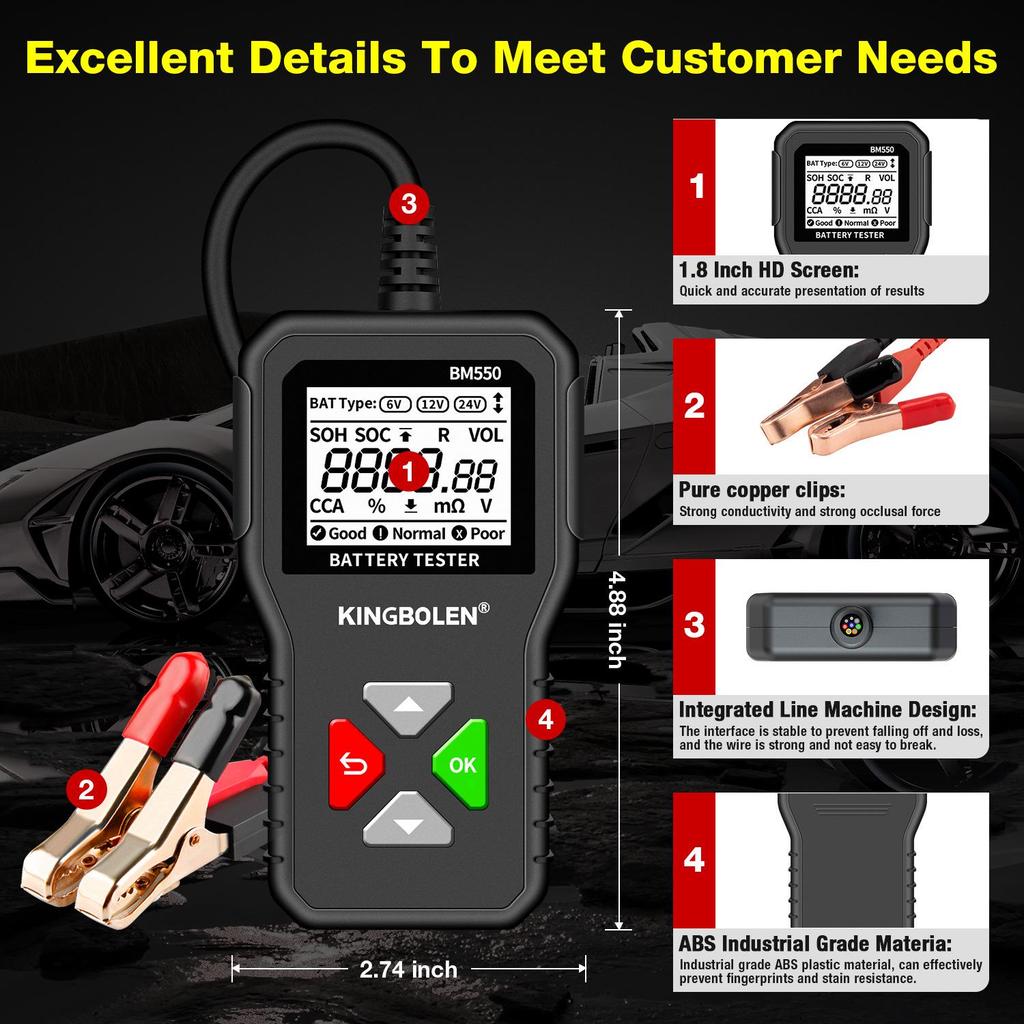 BM550 Multifunctional Battery Tester for 6V/12V/24V Vehicles with Intelligent Digital Display