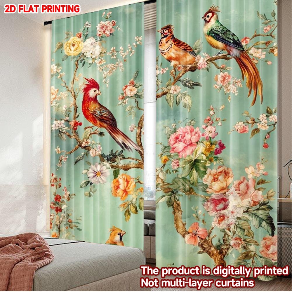 2D flat printing 2pcs Curtain Party Curtains Birds and Blossoms Digital Printed Polyester Drapes Family Party Decoration for