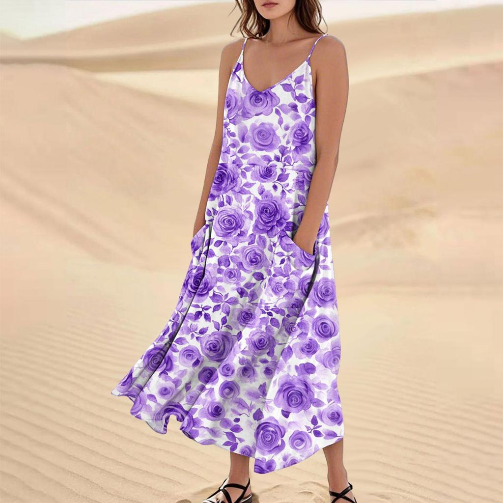 Women's Casual V Neck Floral Print Sleeveless Pocket Suspender Dress