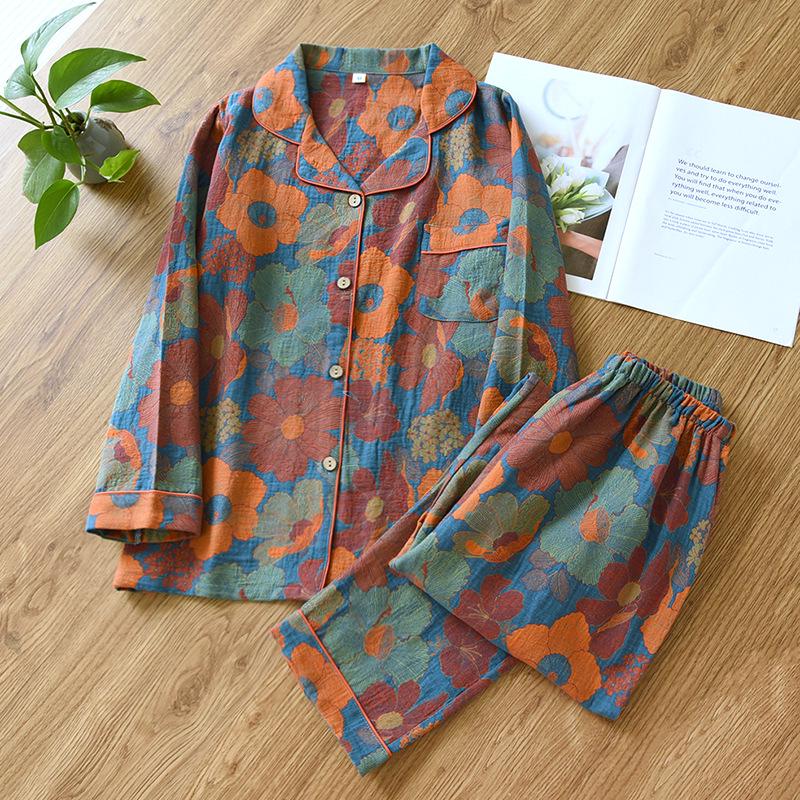 Women's Yarn-Dyed Jacquard Pajama Set: Pure Cotton Gauze, Long-Sleeved Cardigan for Spring, Summer, Autumn.