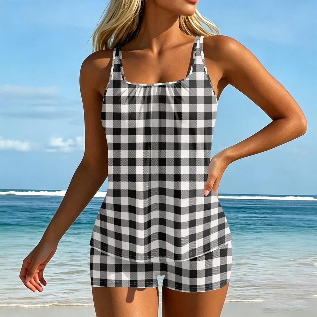 Women’s Striped Tankini Set with Square Neckline and Boyshorts Swimwear Two Piece Bathing Suit for Beach Pool
