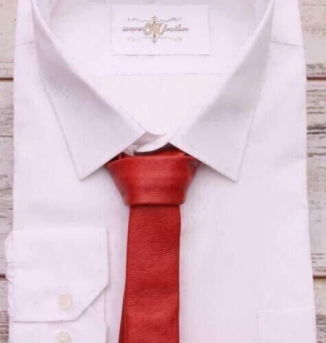 Men Real Lambskin Handmade Leather Neck Tie Stylish Black Red Wedding Partywear