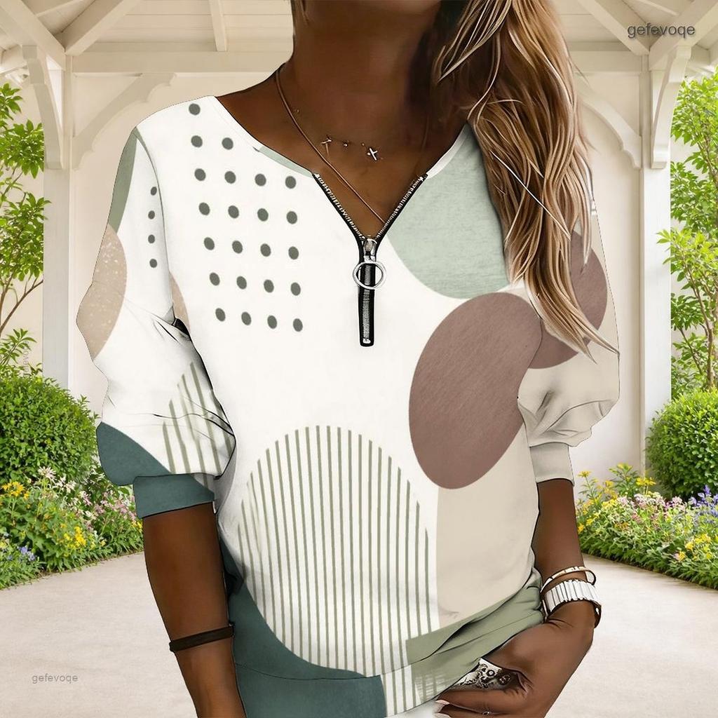 Women Plus Size Purple Blue White Geometric Leaf Print V Neck Half Zip Long Sleeve Sweatshirt