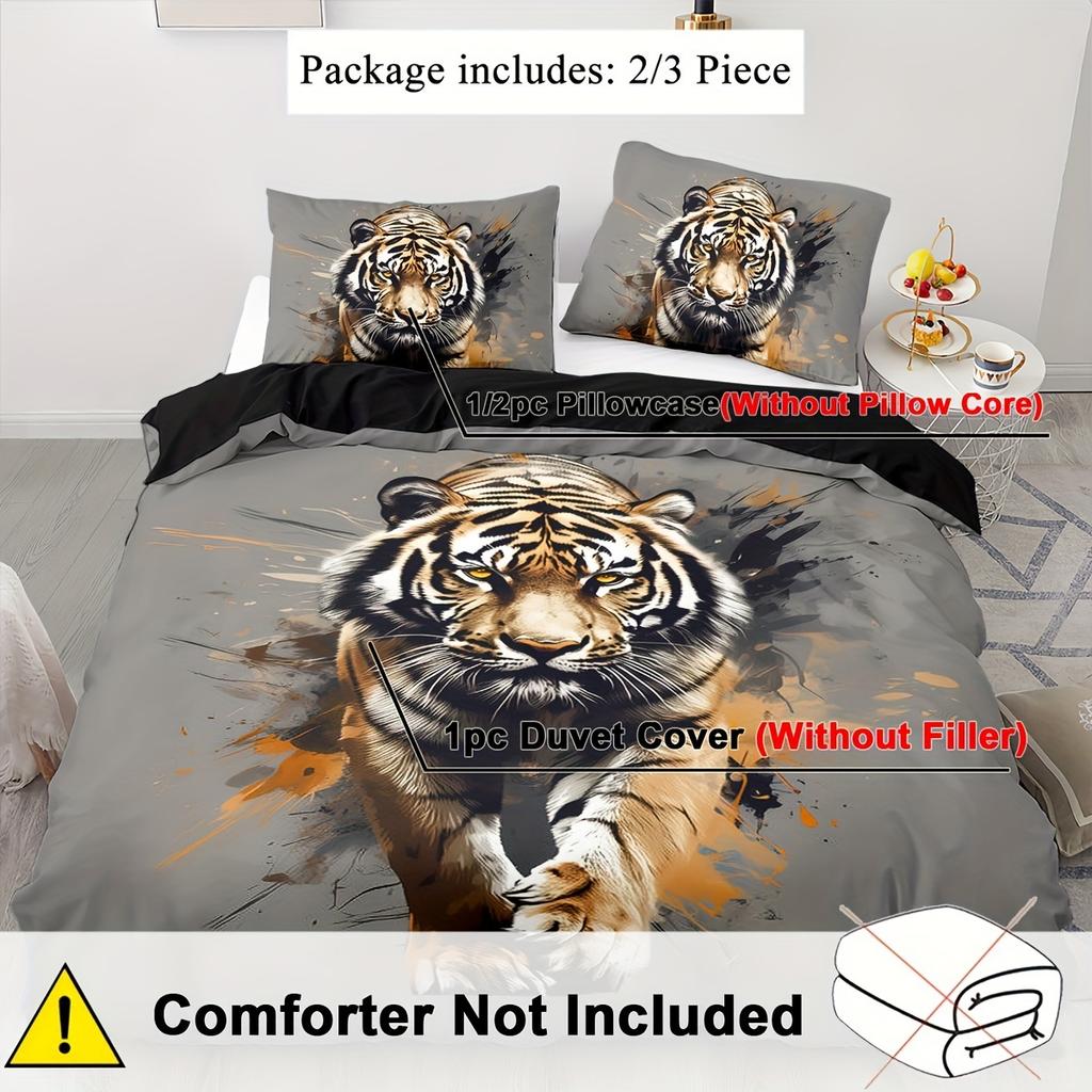 2/3pcs Tiger Bedding Set Animal Duvet Cover Set Grey Comforter Cover Bedroom Decor Guest Room 2D Bohemia Flat Printing