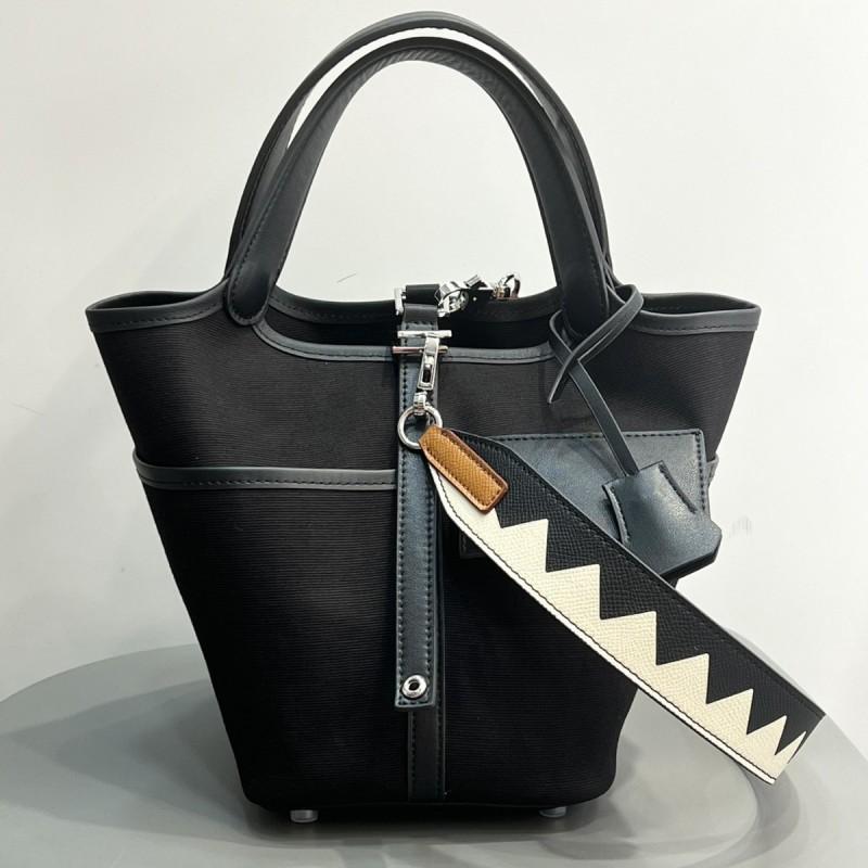 Нишевый Дизайн Вощеная Нить Овощная Корзина Холщовая Прострочка Однотонный Кожаный Карман Сумка-Тоут Женская Сумка-Ведро