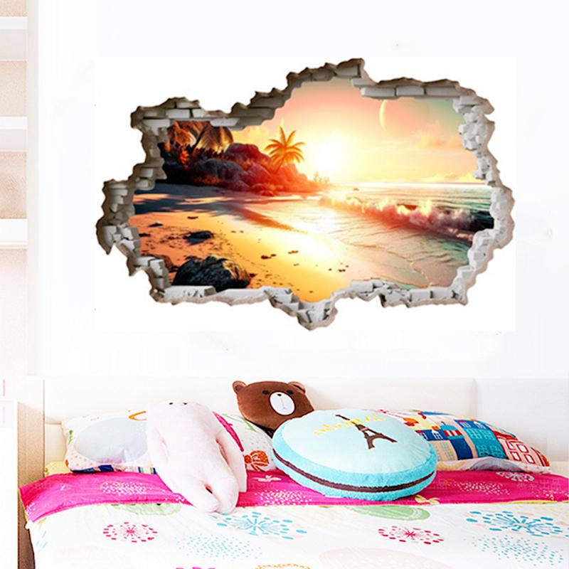 Sunshine Sea View Mural For Home Decoration Aesthetic Rooms Wall Hole Art Blue Water Beach Coconut Trees Vinyl Poster Stickers