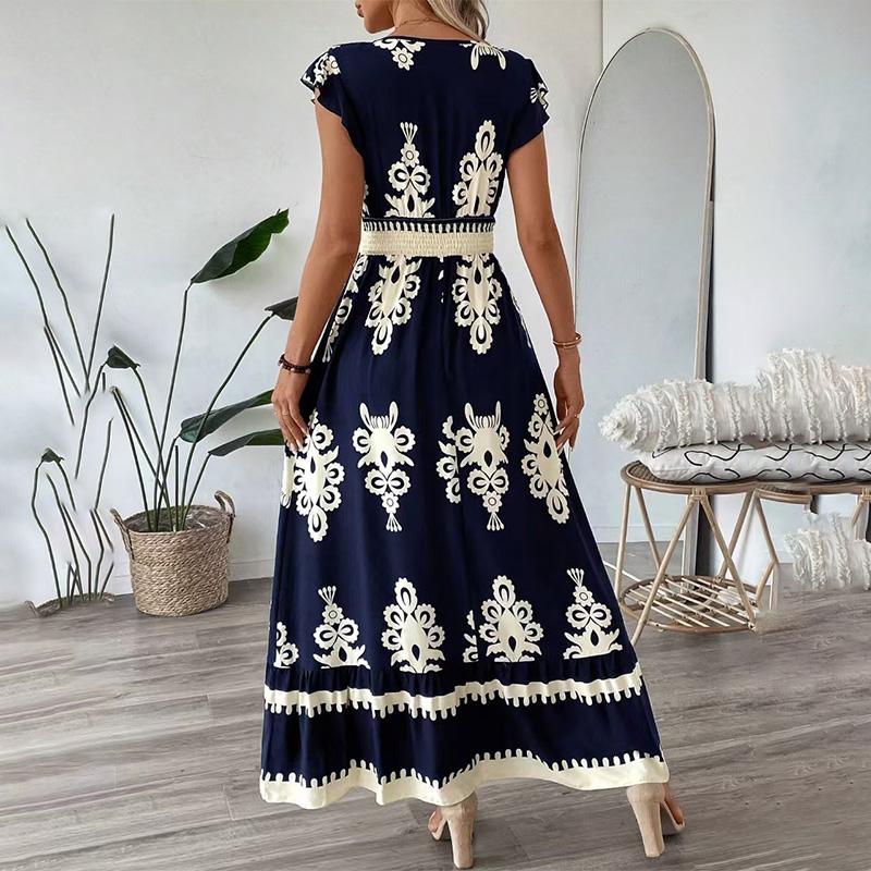 Abito Maxi da Donna Scollo a V Stampa Floreale Vita Legata Manica Corta Casual Estivo Elegante