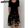 GMXIA 30 Color Pleated Midi Dress Short Sleeve Round Neck Loose Hem Mid-Calf Length Women Floral A-Line Party Dress Casual Wear